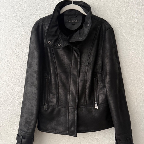 VIA SPIGA Women’s Black Faux Leather and Faux Fur Jacket/Coat Size L - Picture 2 of 14